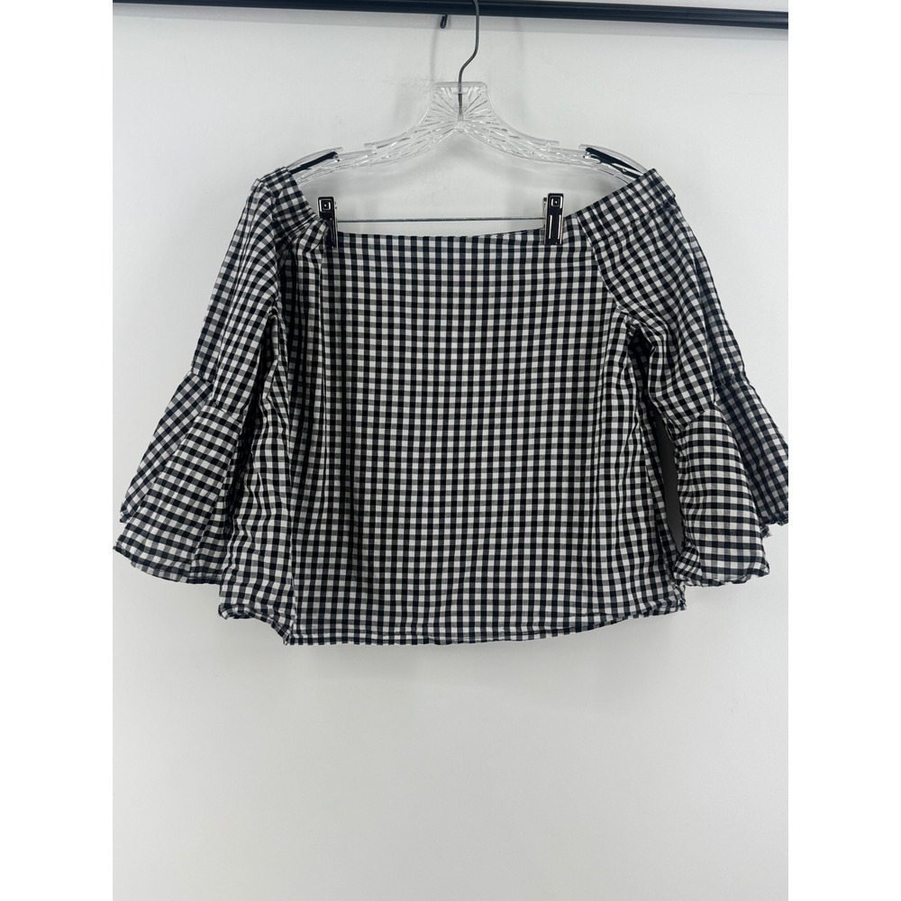 Cotton On Womens XS Gingham Off the Shoulder Bell Sleeve Blouse Black White 0670